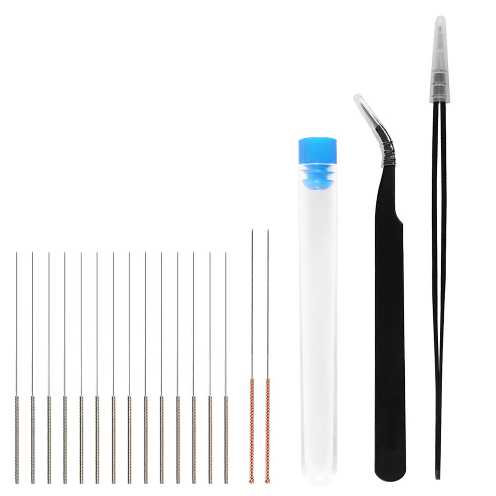 AOKIN 19 Pcs 3D Printer Nozzle Cleaning Kit - 16 Pcs 0.15mm 0.25mm 0.35mm 0.4mm 0.5mm Needles Cleaner and 2 Pcs Tweezers Cleaner, Stainless Steel Nozzle Cleaning Tool Kit
