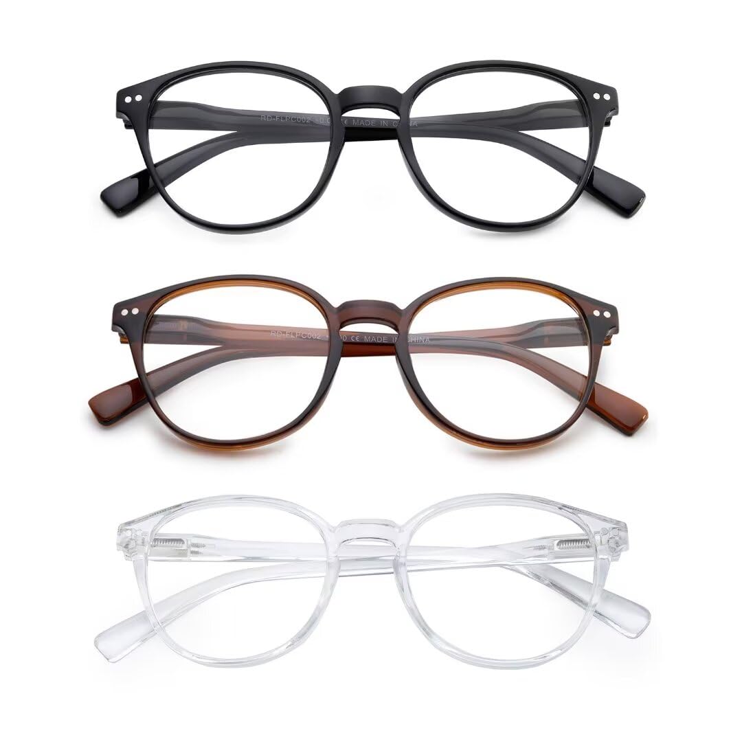 OuShiun Reading Glasses Blue Light Blocking, Spring Hinges Round Readers Glasses for Men Women Lightweight Frame/Anti Glare/Anti Eyestrain/UV protection (Black/Brown/Clear,4.0)