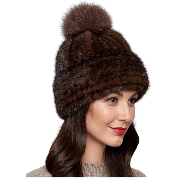 Women's Knit Beanie Hat With Fox Fur Pom Pom - Mink Fur Design, Fold Over Cuff