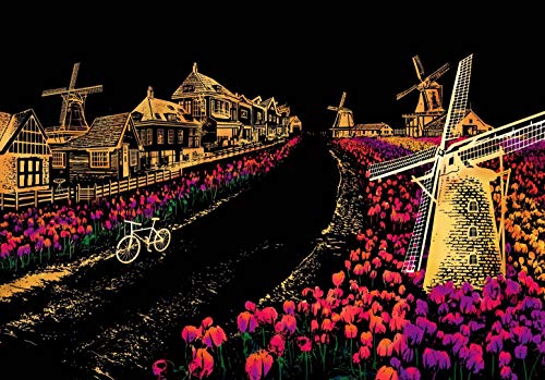 XiaoXT Scratch Art Paper Rainbow Painting Sketch Pad DIY Night View Scratchboard for Adults and Kids - 2 Packs, 16 X 11.2 Inches (Windmill in Holland+Venice)