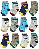 Deluxe Anti Non No Skid Slip Slipper Crew Socks With Grips For Baby Toddler Boys (3-9 Months, 12-pairs/assorted)