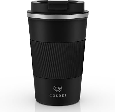 CS COSDDI Travel Mug Insulated Stainless Steel 380 ml Black-A Leakproof Lid