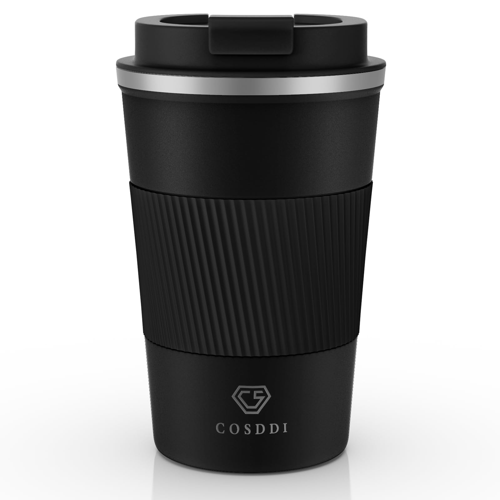 CS COSDDI Travel Mugs, Insulated Cup With Leakproof Lid - Reusable Travel Mug - Car Cup - Stainless Steel Mug for Hot and Cold Coffee, Water and Tea (Black-A, 380 ml)