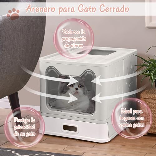 Arenero para Gato de Acero Inoxidable con Cajón Apto, Arenero para Gato Cerrada, con Pala para de Gatos, 51 * 41 * 38cm, para Gatos Grandes (Gris)