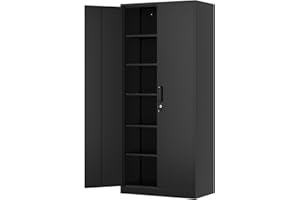 Fesbos Metal Storage Cabinet-71” Tall Steel File Cabinets with Lockable Doors and Adjustable Shelves-Black Steel Storage Cabinet for Home, School, Office, Garage