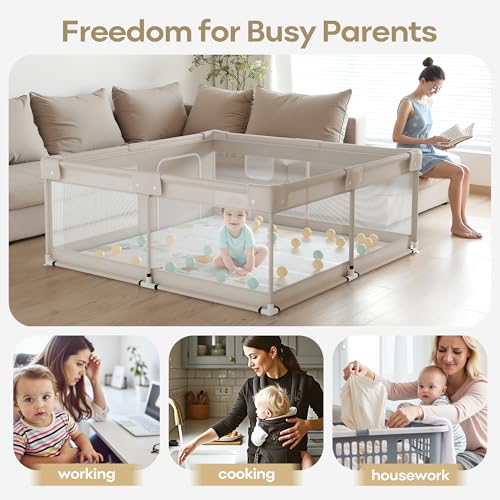 Lertantri Baby Playpen 150 x 150 cm - XXL Baby Playpen with Play Mat, Playpen with Breathable Mesh on Four Sides and Suction Cups