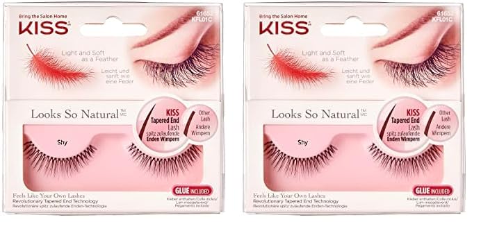 KISS Looks So Natural False Eyelashes, Lightweight & Comfortable, Natural-Looking, Tapered End Technology, Reusable, Cruelty-Free, Contact Lens Friendly, Style 'Shy', 1 Pair (Pack of 2)