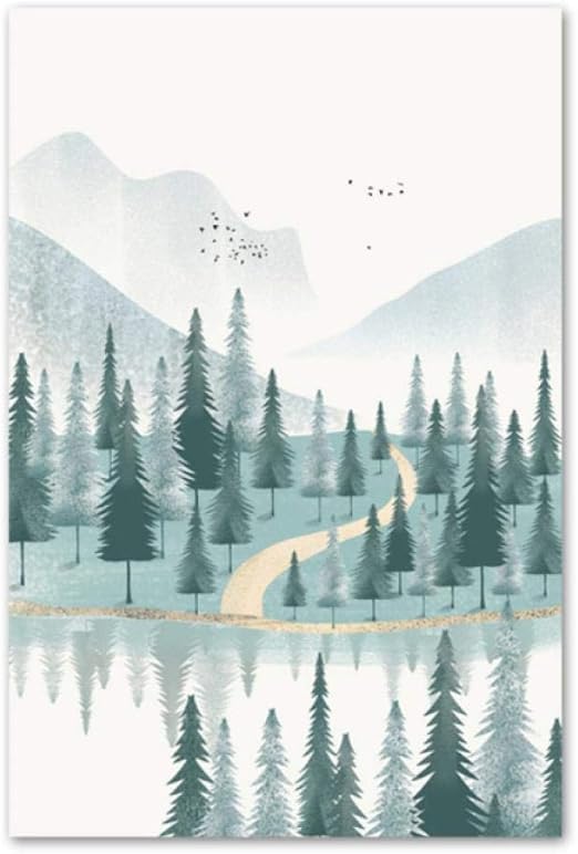 Rjunjie Acuarela Bosque Rio Montana Paisaje Arte De La Pared