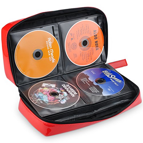 Wismart 80 Capacity Pu Leather Shell CD DVD Blu-ray Media Case Storage Holder Organizer Wallet for Car, Home, Office and Travel Carrying Protector Organizer (80-Capacity, Red)