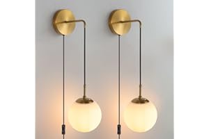 KUZZULL Wall Sconces Set of Two Plug in Wall Sconces Brushed Brass Gold Wall Lamp with Cord Wall Sconce Plug in with Globe White Glass Shade Plug in Wall Sconces Set of 2 Plug in Wall Light Sconce