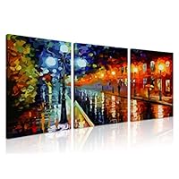 Natural art Abstract Rainy Night Wall Painting 3 Panels Coloful Landscape with Wooden Framed for Home Wall Decor