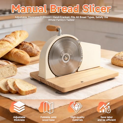 Manual Bread Slicer for Homemade Sourdough, Adjustable Thickness and Foldable Base, Stainless Steel Serrated Blade, with Engraved Scale Line Bread Guide Hand Crank Bread Cutter