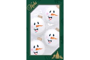 Glass Christmas Tree Ornaments - 67mm/2.63" [4 Pieces] Decorated Balls from Christmas by Krebs Seamless Hanging Holiday Decor (Shiny Porcelain White with Snowman Face)
