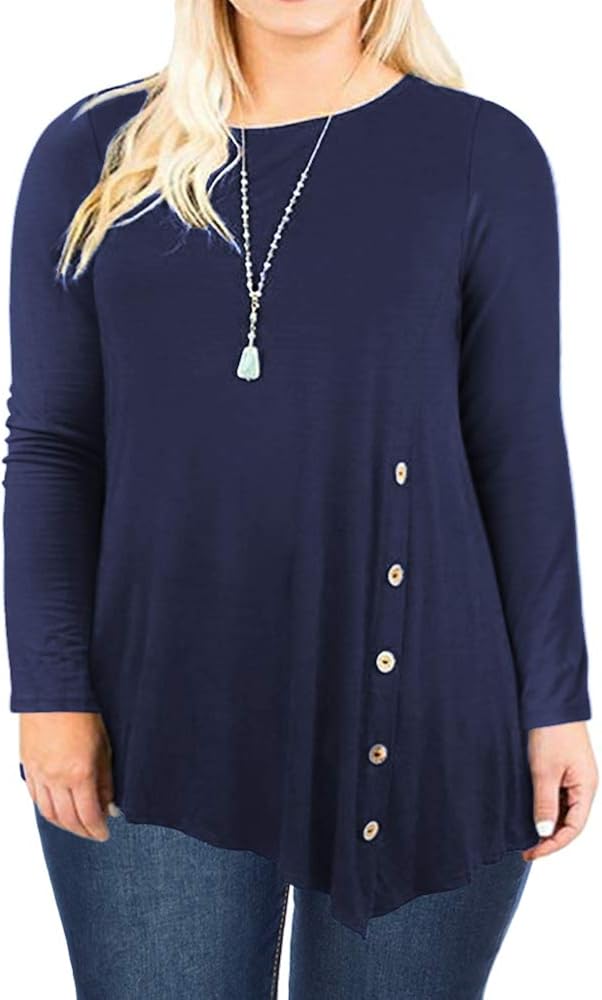 DOLNINE Womens Plus Size Tops Long Sleeve Pleated Hem Buttons Tunics Tees Shirts