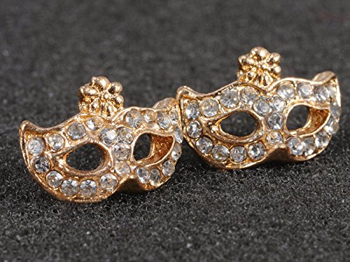Alilang Golden Metal Tone Mask Clear Rhinestone Accented Fashion Earrings