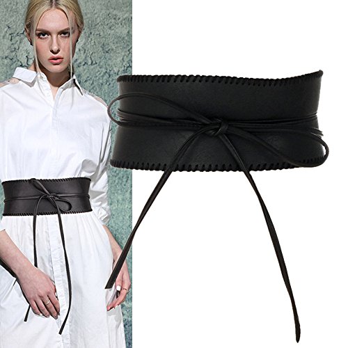 JIANGXIUQIN New Ladies Belt Women's Bowknot Faux Leather Wrap Around Self Tie OBI Cinch Waist Band Boho Belt,Black,One Size Applicable Jeans Pants Dress Skirt - Thumbnail 7