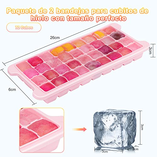 bedee Cubiteras para Hielo con Tapa, 72 Cubitos, Molde Silicona Sin BPA, Bandejas para Hielo Silicona, 2 Piezas Bandejas para Hielo para Congelarse Alimentos para Bebés, Agua, Cola, Cócteles (Rosado)