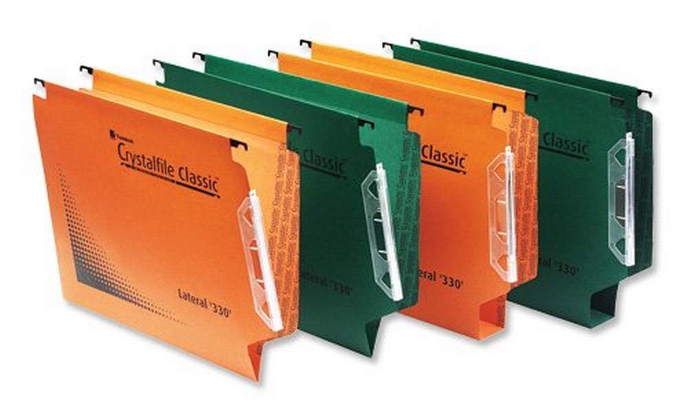 Rexel 330 Lateral Hanging Files with Tabs and Inserts, 50 mm base, 100 Percent Recycled Manilla, Orange, Crystalfile Classic, Pack of 25, 70673