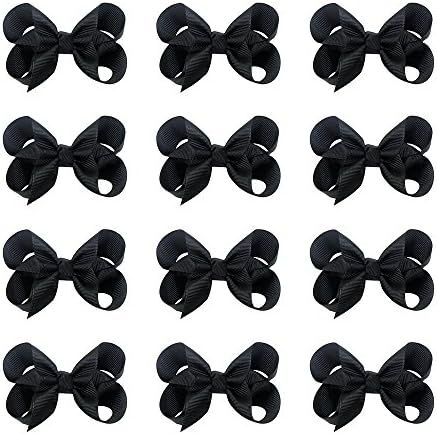 3" Hair Bows Grosgrain Ribbon Boutique Bows Clip Set Of 12,20 Colors available (Black)