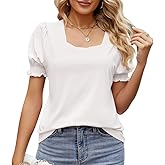 KIFOVEN Women's Square Neck Shirred Ruffle Short Sleeve Elegant Blouse Shirt Tops