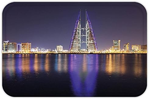 VROSELV Custom Door MatUrban Manama City Skyline at Night Kingdom of Bahrain Middle Eastern Modern Orange Purple Dark Blue