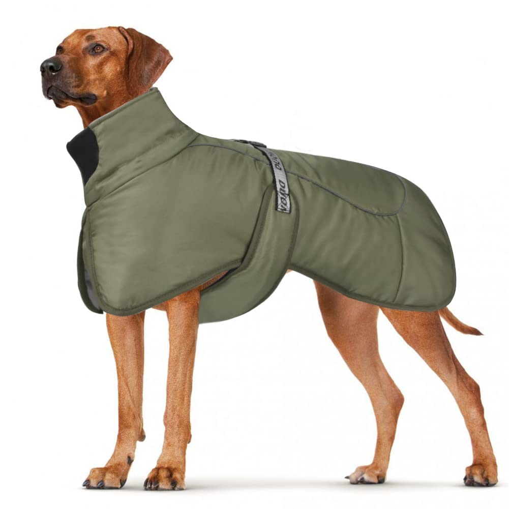 DoggieKit Dog Coats WaterProof Windproof Warm Winter Safe Threaded Reflective Strips Jacket for Medium Large Dogs with Harness Hole Puppy Pet Cold Weather Outfit Clothes Vest (Green, 6XL)