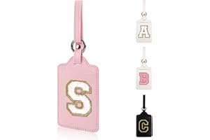 XSUIOY Personalized Initial Luggage Tags for Suitcases, Leather Chenille Letter Cute Luggage Tags with Privacy Name Card, Embroidered Travel Bag Backpack Tags Gifts for Women Kids Girls Teens(Pink-S)