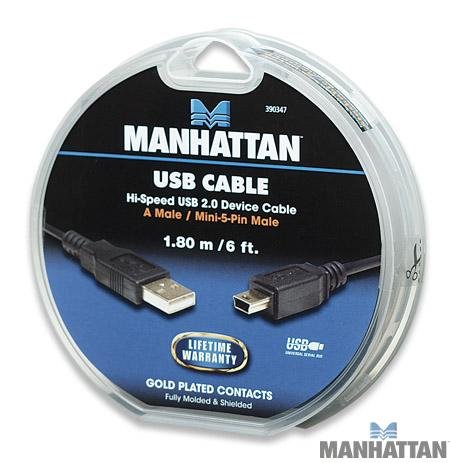 Manhattan, 6 feet Hi-Speed USB 2.0 A/Male to Mini 5-Pin Male Cable, Black