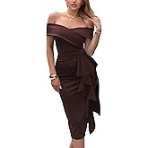 CurvySweet Women's Off The Shoulder Formal Evening Midi Dress Built-in Bra Bodycon Ruched Slit Elegant Holiday Cocktail Party