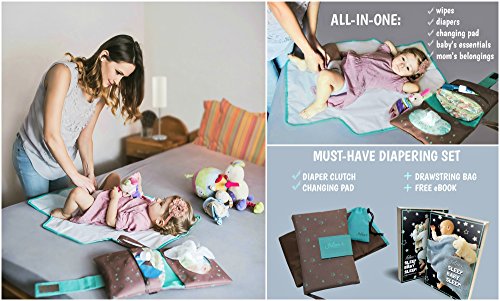 Yoleen's Portable Diaper Changing Station: Stylish Diaper Clutch with Extra Large Full Body Changing Pad suitable for Newborns and Toddlers + Drawstring Pacifier Bag+ eBook