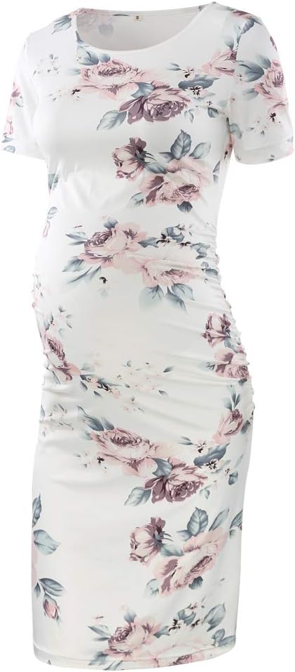 Women's Maternity Casual Side Ruched Dress Knee Length Baby Shower Maternity Midi Bodycon Pregnancy Dress