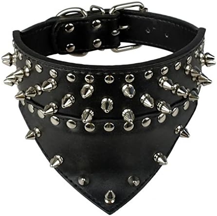 HOOTMALL Bandana Style 2" Wide Spiked Studded Leather Dog Collar for Medium &amp; Large (L(Neck 21"-24"), Black)