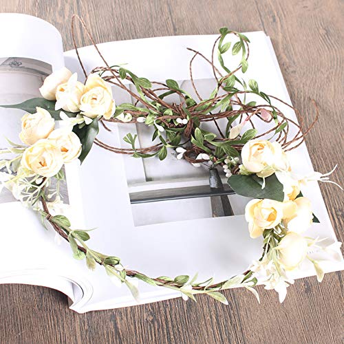 Flower Headband Rose Floral Boho Wreath Garland Hair Hoop Bohemian Headdress Headwear Headpiece Women Girls Crown Leaf Hair Bands Party Decoration Cosplay Costume Handmade Hair Accessories Beige