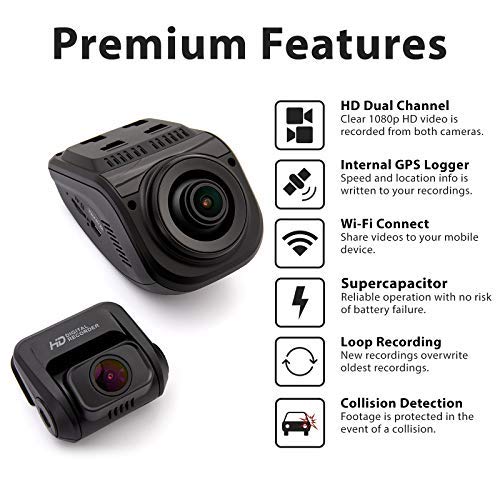 Rexing V1P Pro Dual 1080p Full HD Front and Rear 170 Degree Wide Angle Wi-Fi Car Dash Cam with Built-in GPS Logger, Supercapacitor, 2.4