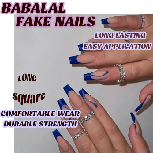 BABALAL Square Press on Nails Long Fake Nails Blue French Stick on Nails Glitter Swirl Acrylic Nails 24Pcs Squoval Shiny Manicure Artificial False Nails for Women and Girls - Image 4