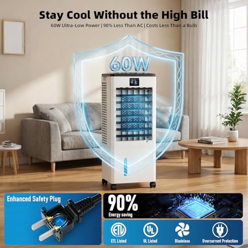 Portable Air Conditioners, 8L Evaporative Air Cooler with Remote and LED Display, 60W Energy-Efficient, 3 Speeds & 4 Modes, 12H Timer, 120°Oscillation, Portable AC Units for Rooms Bedroom Home Office