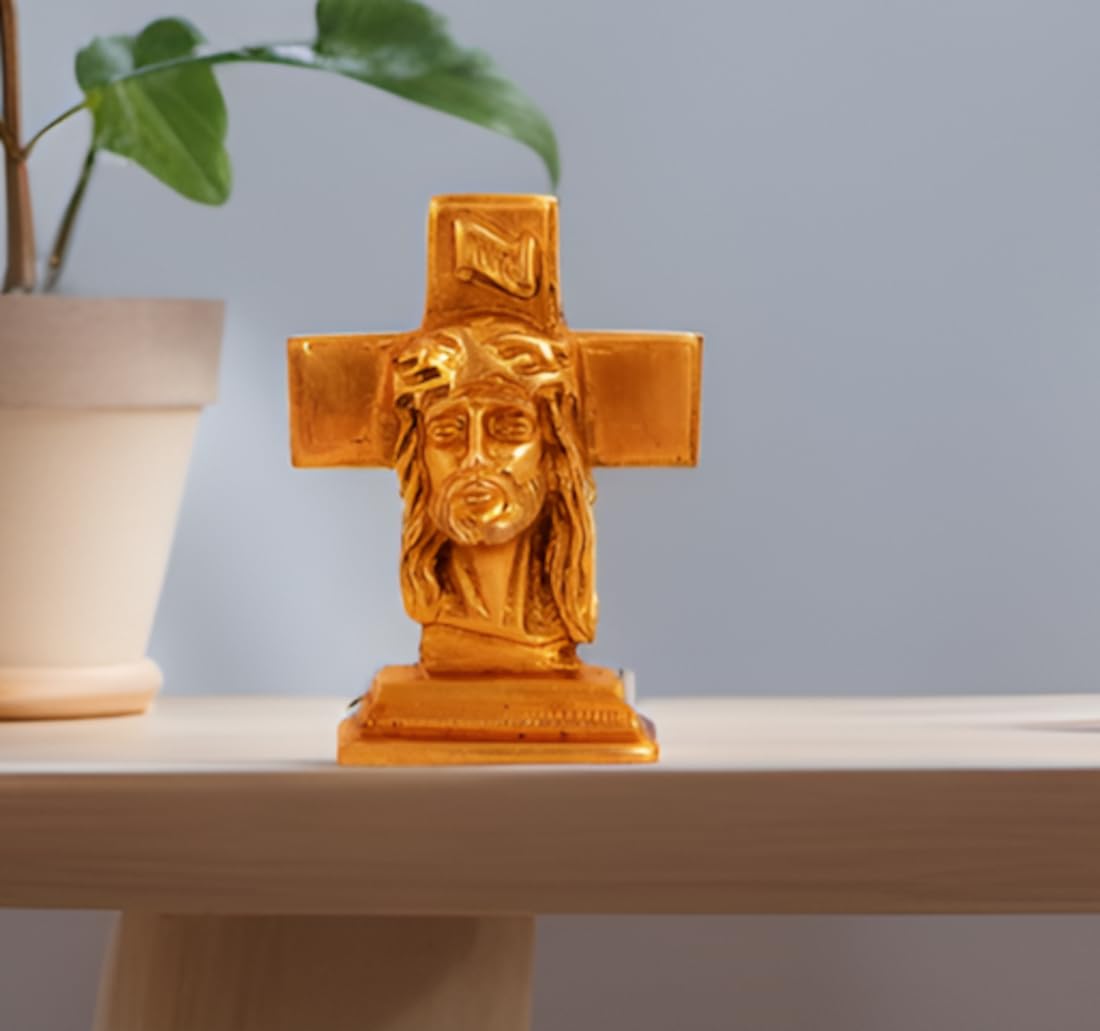 Purpledip Brass Statue Jesus Christ On Cross: Small Idol For Car Dashboard, Table, Shop Counter; Christian gifts (11153) — image 1