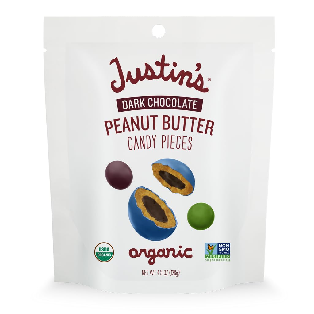 Photo 1 of **EXP: 10/31/2025** Justin's Dark Chocolate Peanut Butter Candy Pieces - 4.5oz bag Organic, Gluten Free, Non-GMO, Responsibly Source, Rainforest Alliance Certified Cocoa