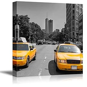 Black and White Photograph with Pop of Yellow on The Taxis of New York - Canvas Art Home Art - 12x12 inches