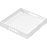 MUKEEN Glossy White Acrylic Serving Tray with Handles, 12x12x2H Inches - Spill Proof, Decorative Trays for Countertop, Ottoman Coffee Table, Nightstand, Breakfast, Tea, Food