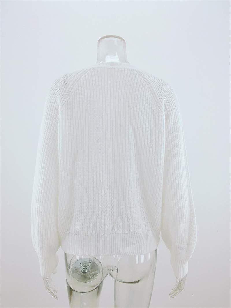 Asskdan Womens V Neckline Button Down Knitwear Lantern Sleeve Basic Knit Cardigan Sweater Tops Cardigans