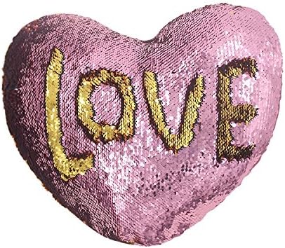 JING GREAT Mermaid Throw Pillow with Insert,Two-color Heart Shape Reversible Sequins Decorative Pillow. 13''×15'' (Pink+Gold)