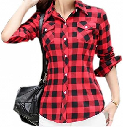 YZXH Womens Long Sleeve Slim Fit Checkered Plaid Shirt Red black XL