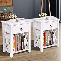 JAXSUNNY Set of 2 End Table Side Table Wooden X- Shaped Nightstand with Drawer and Storage Shelf, White Night Stand