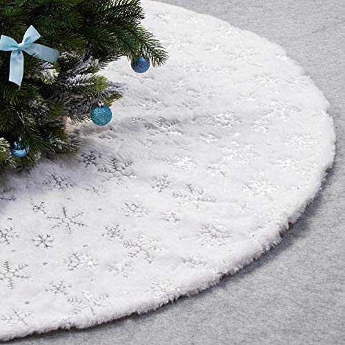 EDLDECCO 48 Inches Christmas Tree Skirt White Luxury Cozy Faux Fur Silver Snowflake Sequin Embroidered Double Layers Handicraft Xmas Decoration Holiday Ornaments