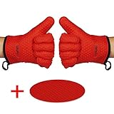 Chefaith Silicone Kitchen Gloves [Fabric Lining / Inner Cotton Layer] for Cooking, Baking, BBQ, Grilling [Free Pot Holder as Bonus]- Heat Resistant (Up to 480°F) Oven Mitts, Best Protection Ever