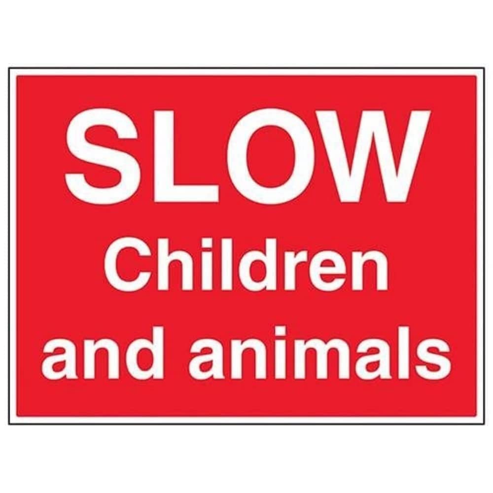 Vsafety 76003BR-R2 Slow, Children And Animals Sign - Landscape - 600mm x 450mm - 1mm Rigid Plastic, Red — image 1