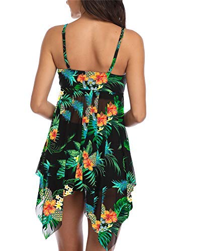 Temptme Women Swimsuit Two Piece Tankini Mesh Swimdress Floral Printed with Boyshort Bathing Suits - Thumbnail 6
