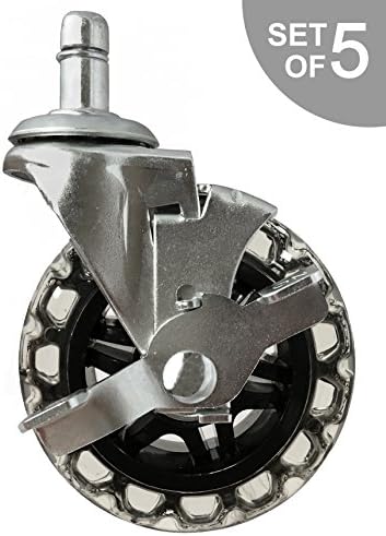 3" Rollerblade Style Office Chair Caster Wheels with Brake for Hard Floors with 7/16" x 7/8" Grip Ring Stem - Set of 5 - S5468