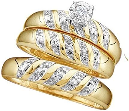 0.07 cttw 10k Yellow Gold Round Diamond Engagement Ring His and Hers Trio Wedding Ring Sets